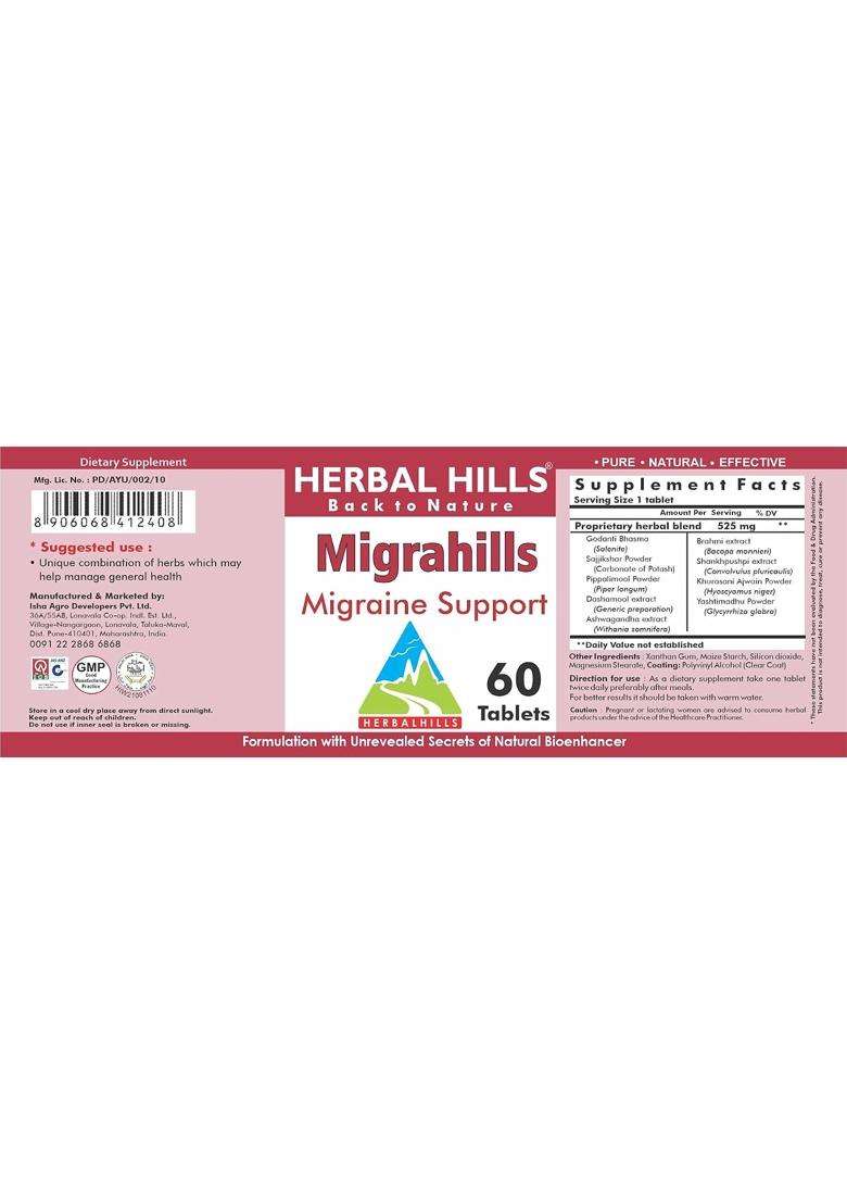 Herbal Hills Migrahills Tablets, 60 Count | Natural Herbal Care - Indya