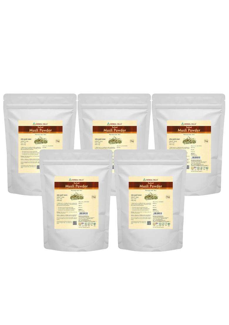 Herbal Hills Safed Musli Powder, 1 kg (Pack of 5) | Natural Herbal Care - Indya