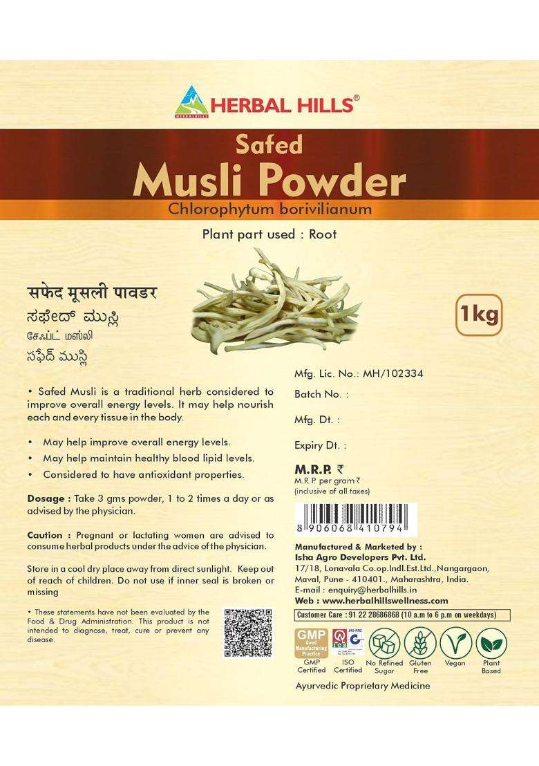 Herbal Hills Safed Musli Powder, 1 kg (Pack of 5) | Natural Herbal Care - Indya