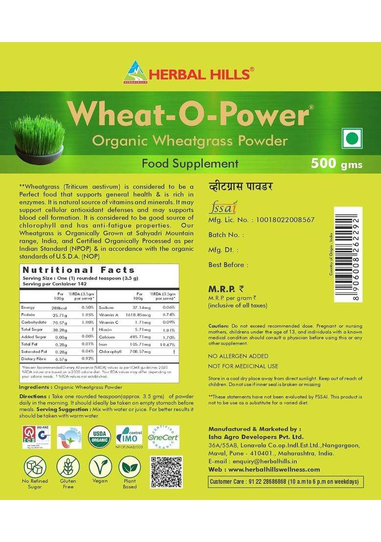 Herbal Hills Wheatgrass Powder, 500 g | Natural Herbal Care - Indya