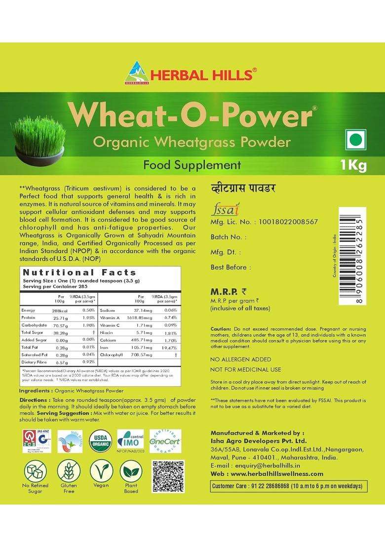 Herbal Hills Wheatgrass Powder, 1 kg (Pack of 2) | Natural Herbal Care - Indya