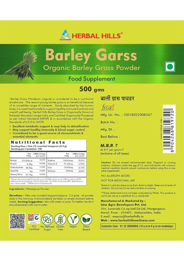 Herbal Hills Barley Grass Powder, 500 g (Pack of 4) | Natural Herbal Care - Indya