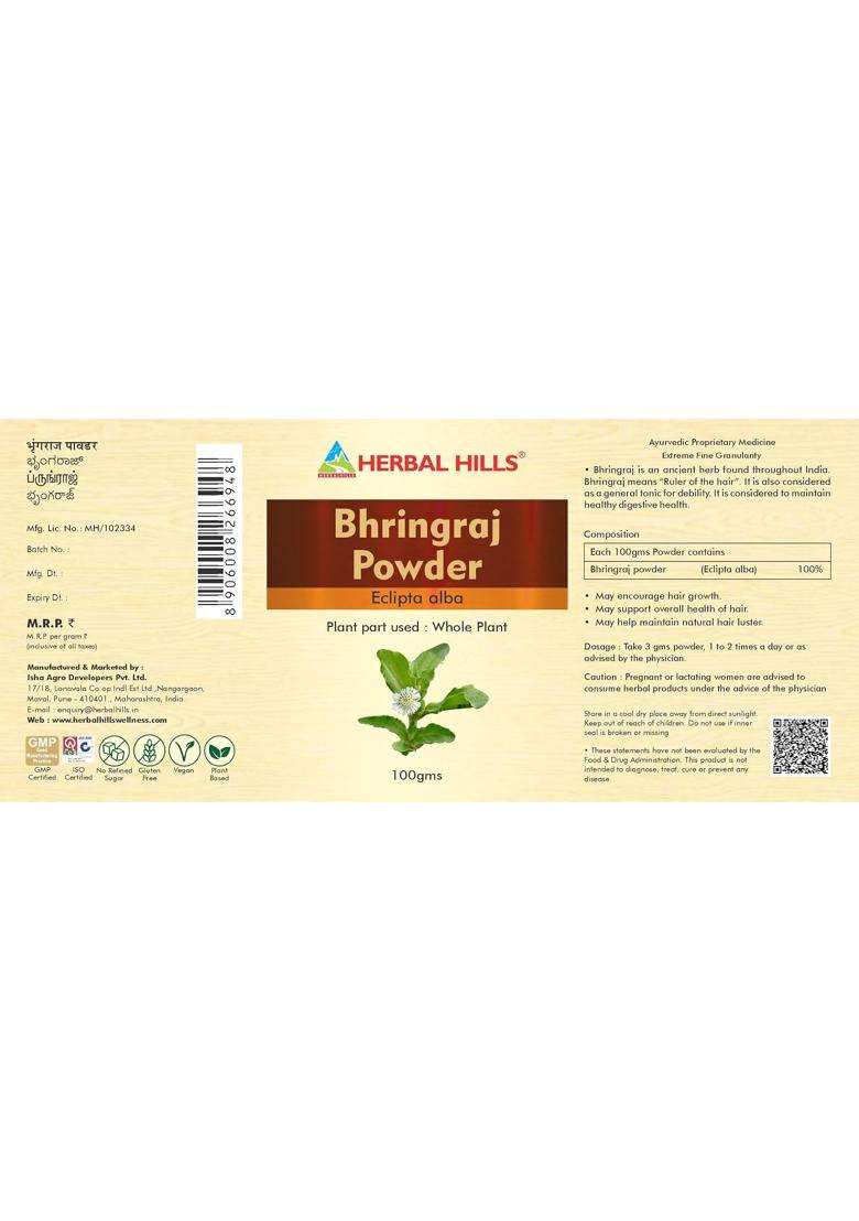 Herbal Hills Bhringraj Powder 100g | Authentic Ayurvedic Formula | Hair Care (100g- Pack/5) - Indya