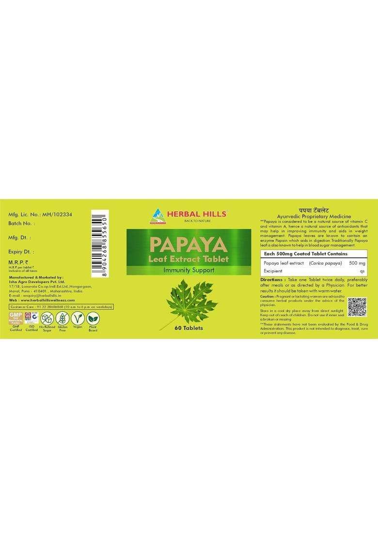 Herbal Hills Carica Papaya Leaf Tablets, 60 Count | Natural Herbal Care - Indya
