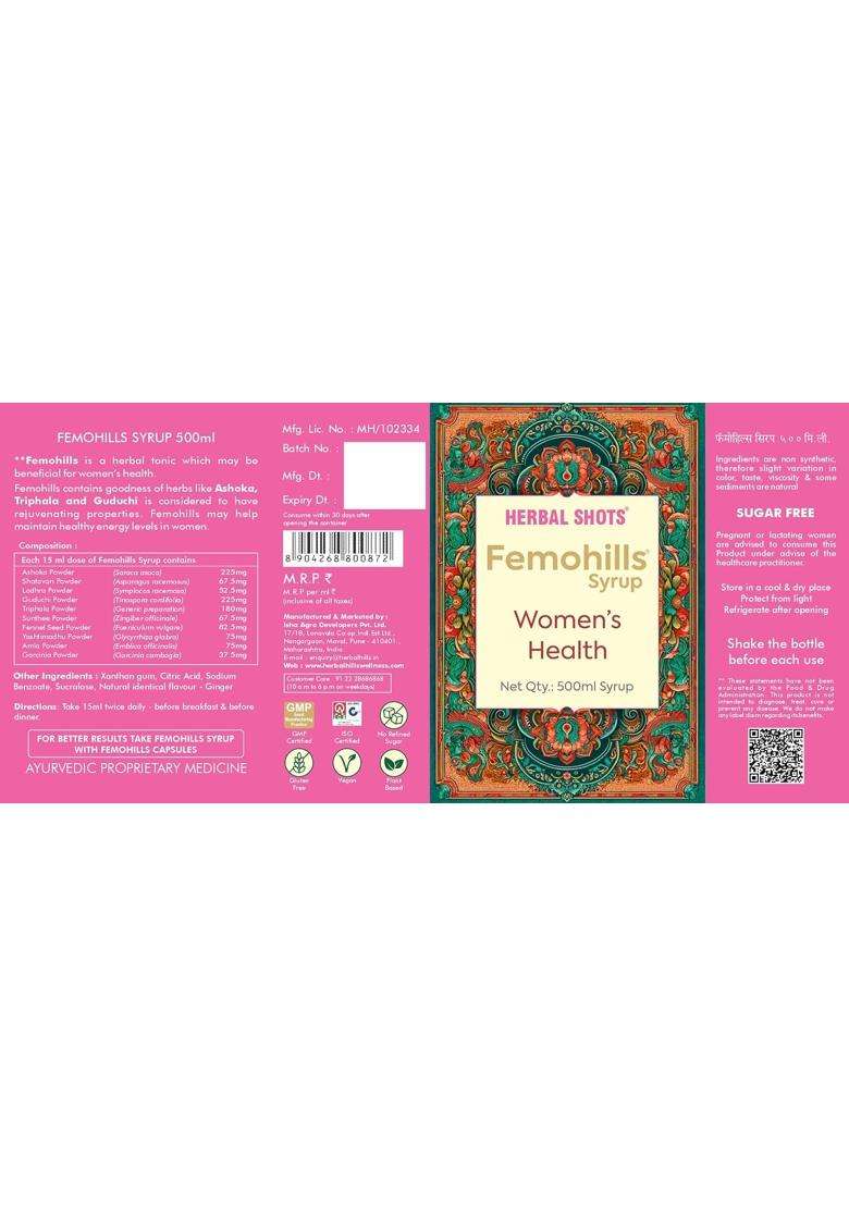 Herbal Hills Femohills Herbal Shots 500 ml (500 ml (Pack of 4) | Natural Herbal Care - Indya