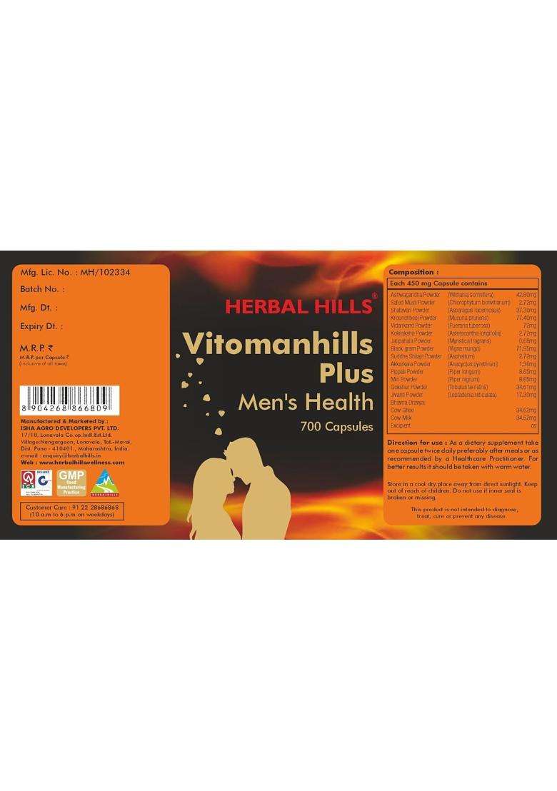 Herbal Hills Vitomanhills Plus Capsules, 700 Count | Natural Herbal Care - Indya