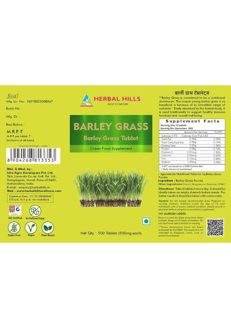 Herbal Hills Barley Grass Tablets, 500 Count | Natural Herbal Care - Indya