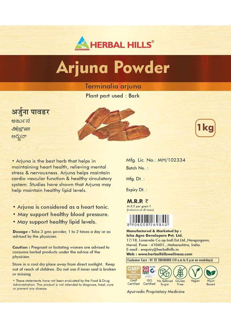 Herbal Hills Arjuna Arjun Chaal Powder, 1 kg (Pack of 4) | Natural Herbal Care - Indya
