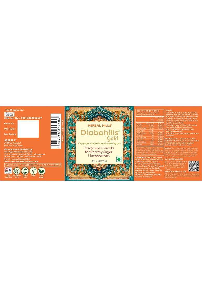 Herbal Hills Diabohills Cordyceps Capsules, 30 Count | Natural Herbal Care - Indya