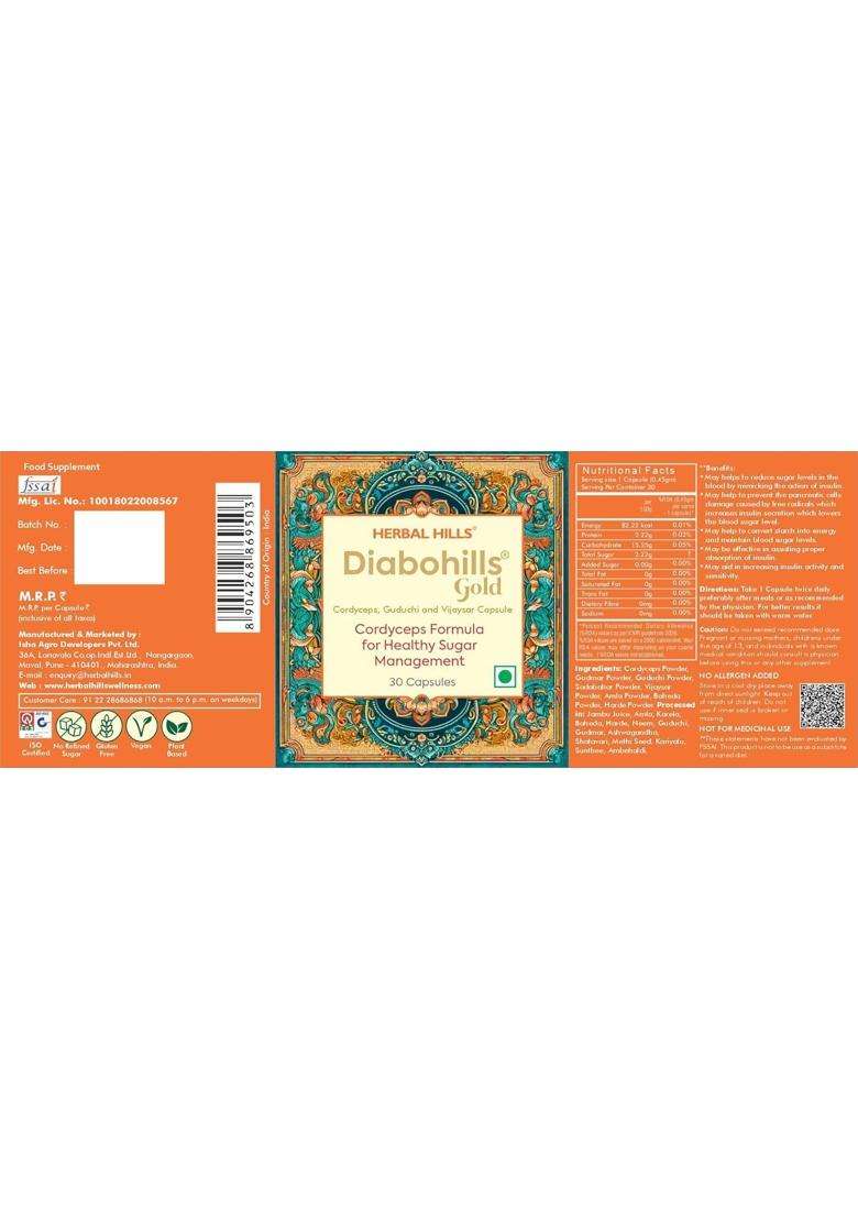 Herbal Hills Diabohills Cordyceps Capsules, 30 Count | Natural Herbal Care - Indya