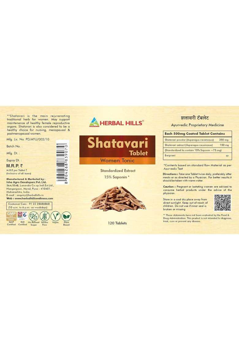 Herbal Hills Shatavari/Stavari Tablets, 120 Count | Natural Herbal Care - Indya