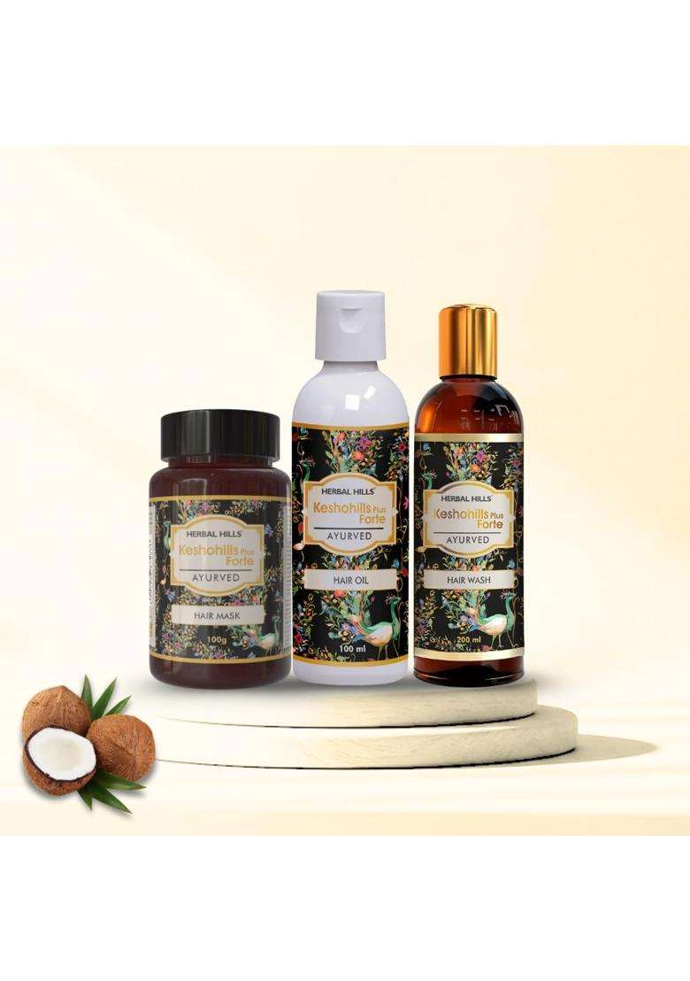 Herbal Hills Keshohills Forte 3-in-1 Hair Care Kit, Ayurvedic Hair Oil, Wash & Mask, Natural Hair Fall Control & Nourishment Combo for Men & Women - Indya