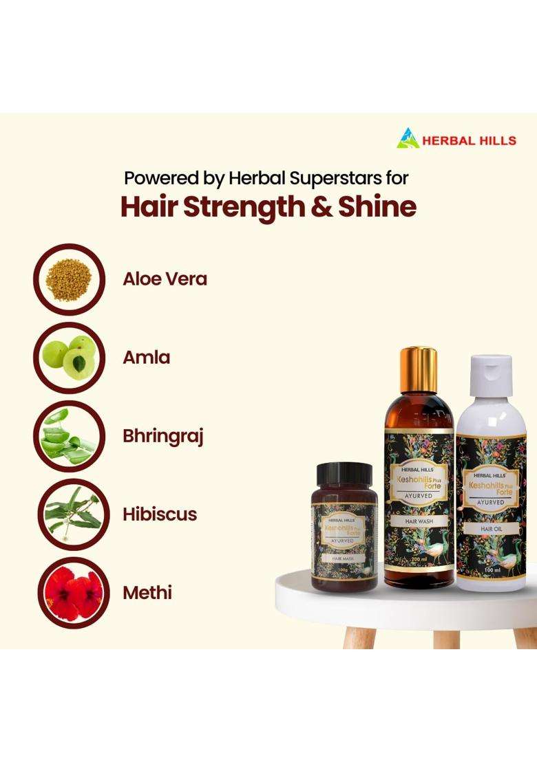 Herbal Hills Keshohills Forte 3-in-1 Hair Care Kit, Ayurvedic Hair Oil, Wash & Mask, Natural Hair Fall Control & Nourishment Combo for Men & Women - Indya