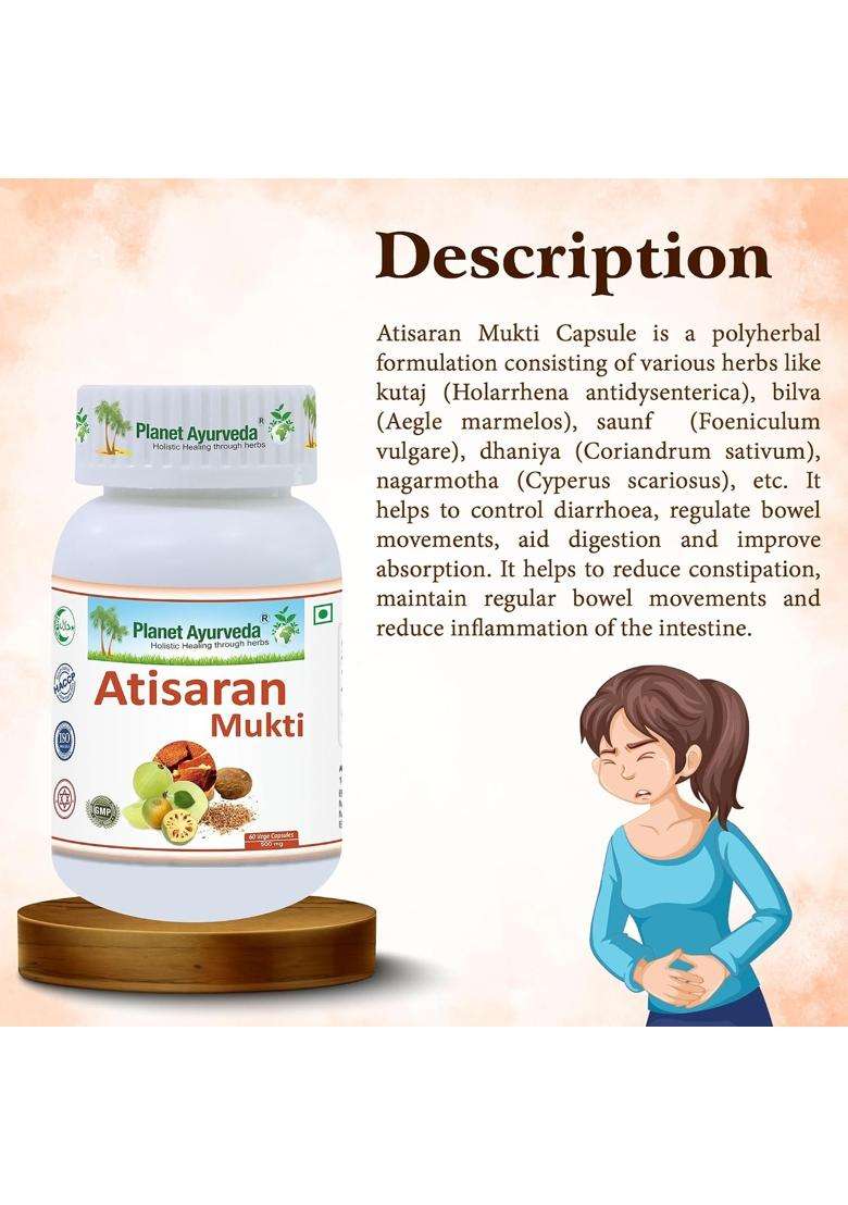Planet Ayurveda Atisaran Mukti Capsules 60 Capsules | Authentic Traditional Formula | Natural Remedy for Loose Motions, Diarrhea & Weak Digestion - Indya