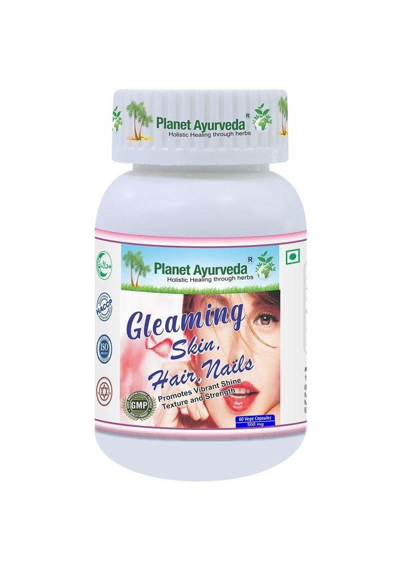 Planet Ayurveda Gleaming Skin Hair Nails Capsules 60 Capsules | Authentic Traditional Formula | Helpful in Acne, Psoriasis, Eczema & Blemishes - Indya