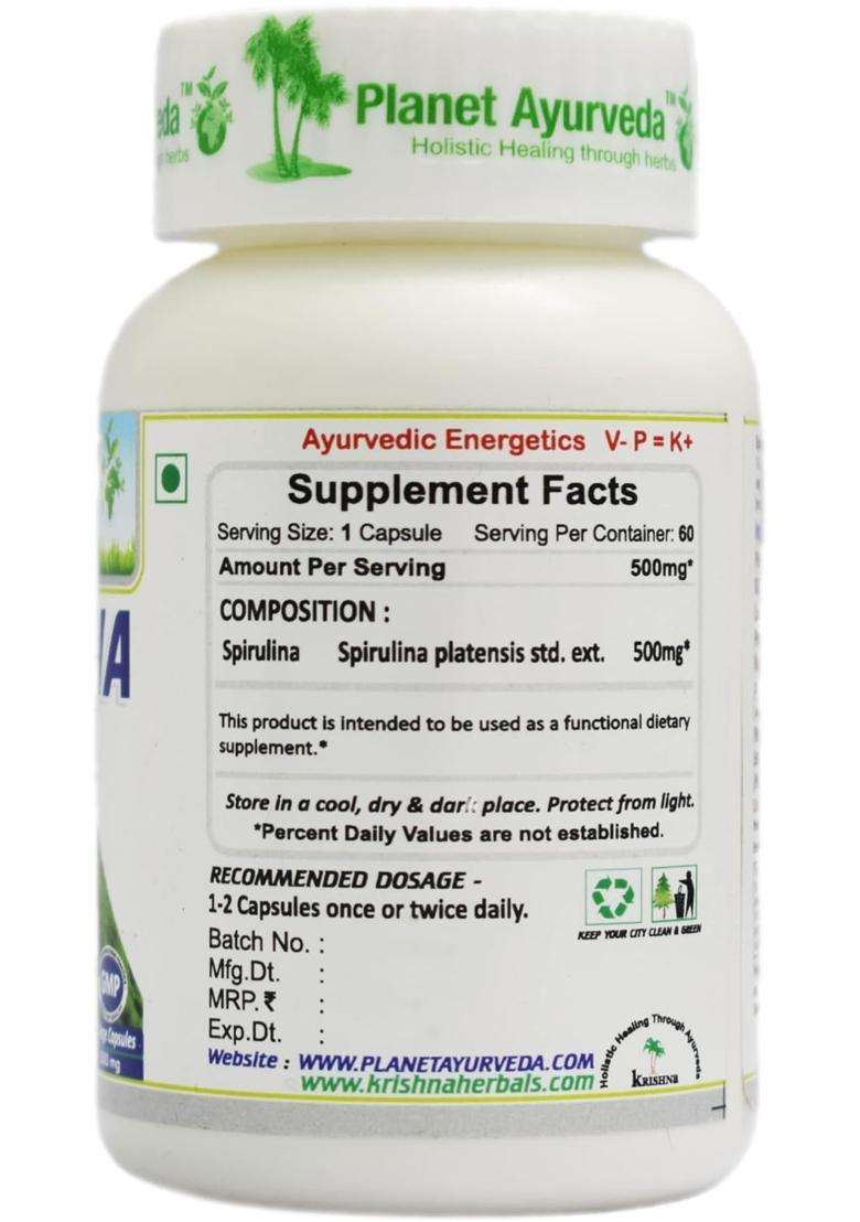 Planet Ayurveda Spirulina Capsules For Men And Women | Authentic Traditional Formula | GreenSuper Food For Weight Management & Immunity Booster - Indya