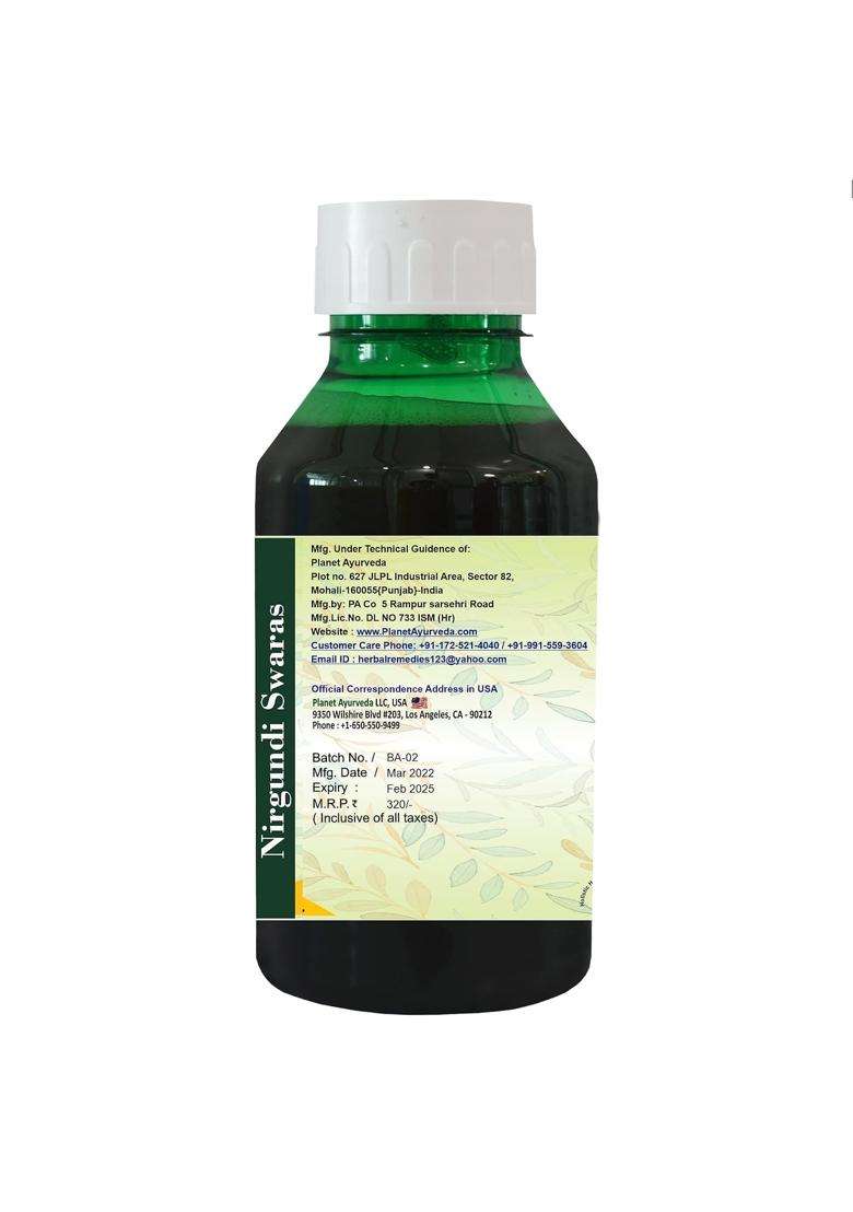 Planet Ayurveda Nirgundi Swaras 500 ml | Authentic Traditional Formula | (500 ml) for Joint Pain and Respiratory Issues - Indya