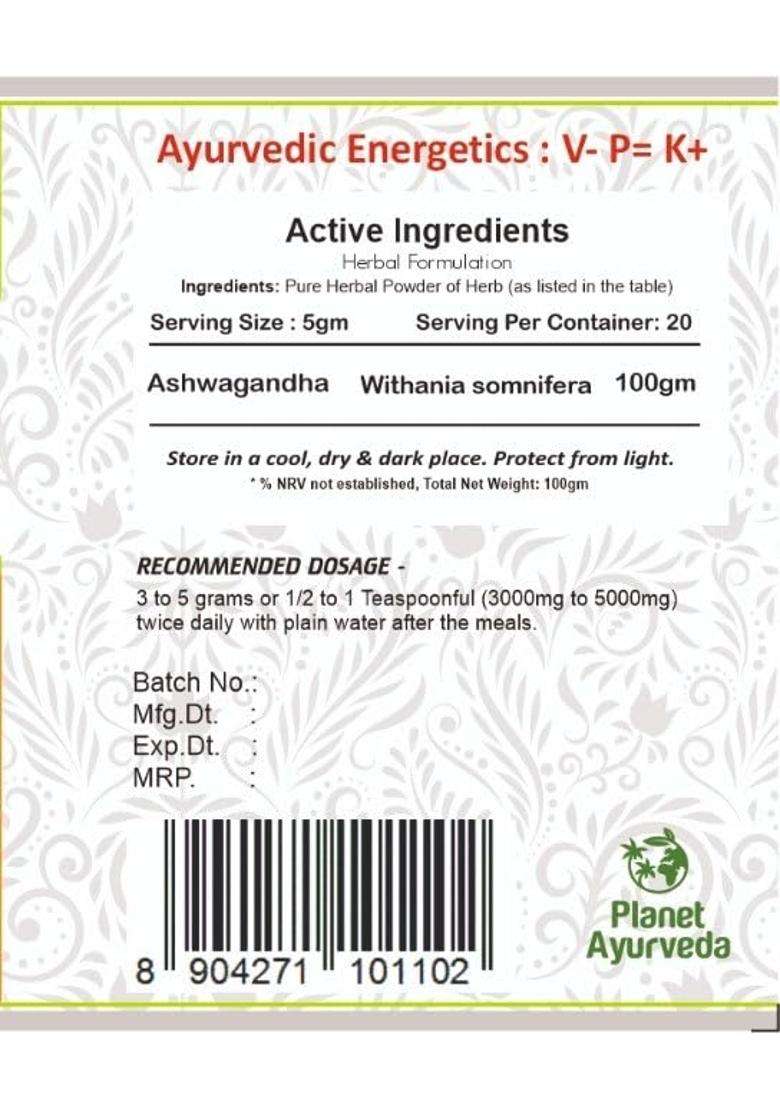 Planet Ayurveda Ashwagandha Root Powder 100g | Authentic Traditional Formula | Pure & Natural Withania Somnifera - Indya