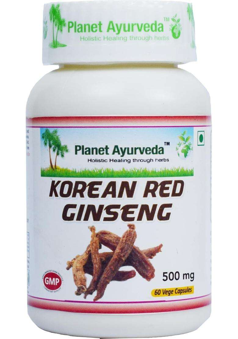 Planet Ayurveda Korean Red Ginseng 60 Veg Capsules, 500 MG Each with Extracts | Authentic Traditional Formula | Boost Body Energy, Strength - Indya