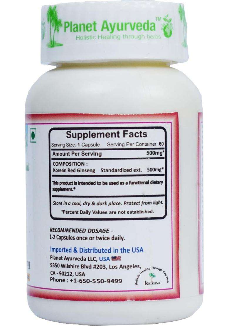 Planet Ayurveda Korean Red Ginseng 60 Veg Capsules, 500 MG Each with Extracts | Authentic Traditional Formula | Boost Body Energy, Strength - Indya