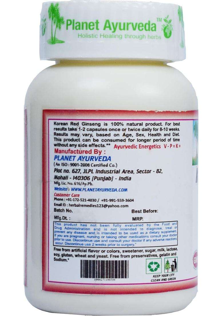 Planet Ayurveda Korean Red Ginseng 60 Veg Capsules, 500 MG Each with Extracts | Authentic Traditional Formula | Boost Body Energy, Strength - Indya