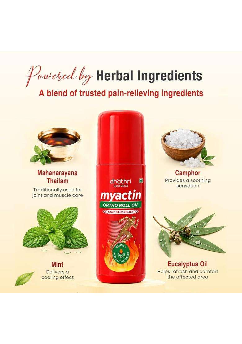 Dhathri Ayurveda Myactin Ortho Roll On with Mahanarayana Thailam, Eucalyptus Oil & Camphor 75 ml | Authentic Traditional Formula - Indya