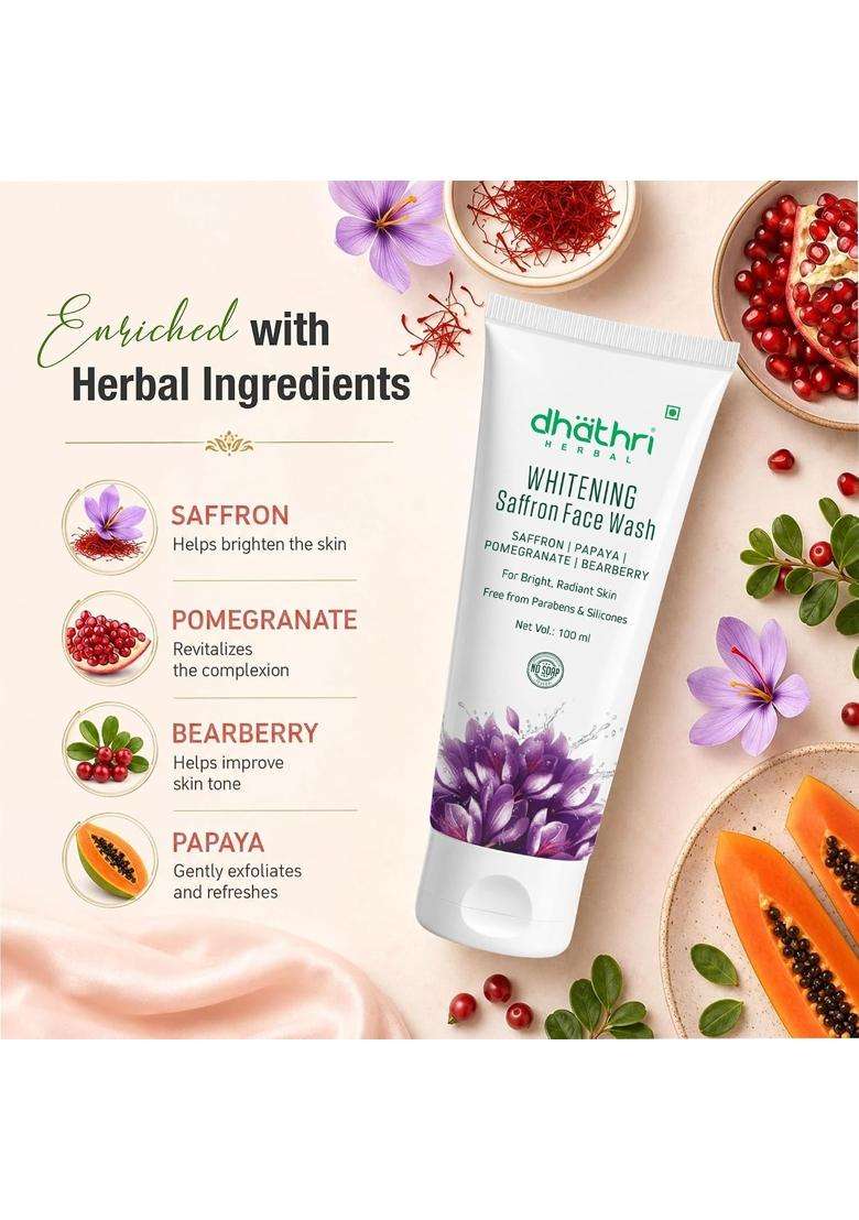 Dhathri Herbal Whitening Face Wash with Saffron, Pomegranate, Bearberry & Papaya for Radiant & Glowing Skin 200 ml | Natural Herbal Care - Indya