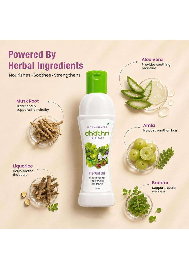 Dhathri Hair Care Herbal Oil with Musk Root, Liquorice, Amla & Aloe Vera 100 ml | Authentic Traditional Formula | Nourishes & Strengthens Hair - Indya