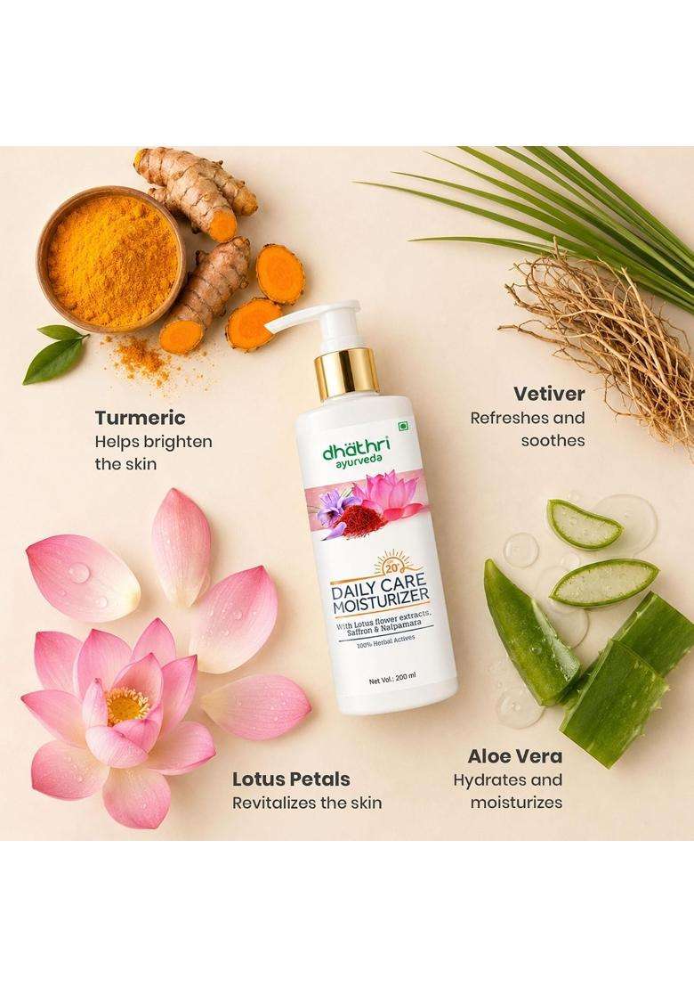 Dhathri Ayurveda Daily Care Moisturiser with Turmeric, Lotus Petal & Aloe Vera Paraben Free, 200 ml | Authentic Traditional Formula - Indya