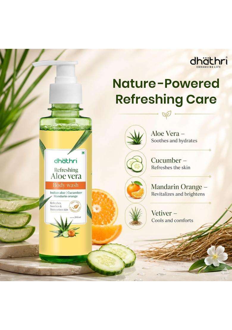 Dhathri Ayurveda Refreshing Aloe Vera Body Wash with Cucumber & Mandarin Orange 200 ml | Authentic Traditional Formula | Soap, Paraben & Silicone Free - Indya
