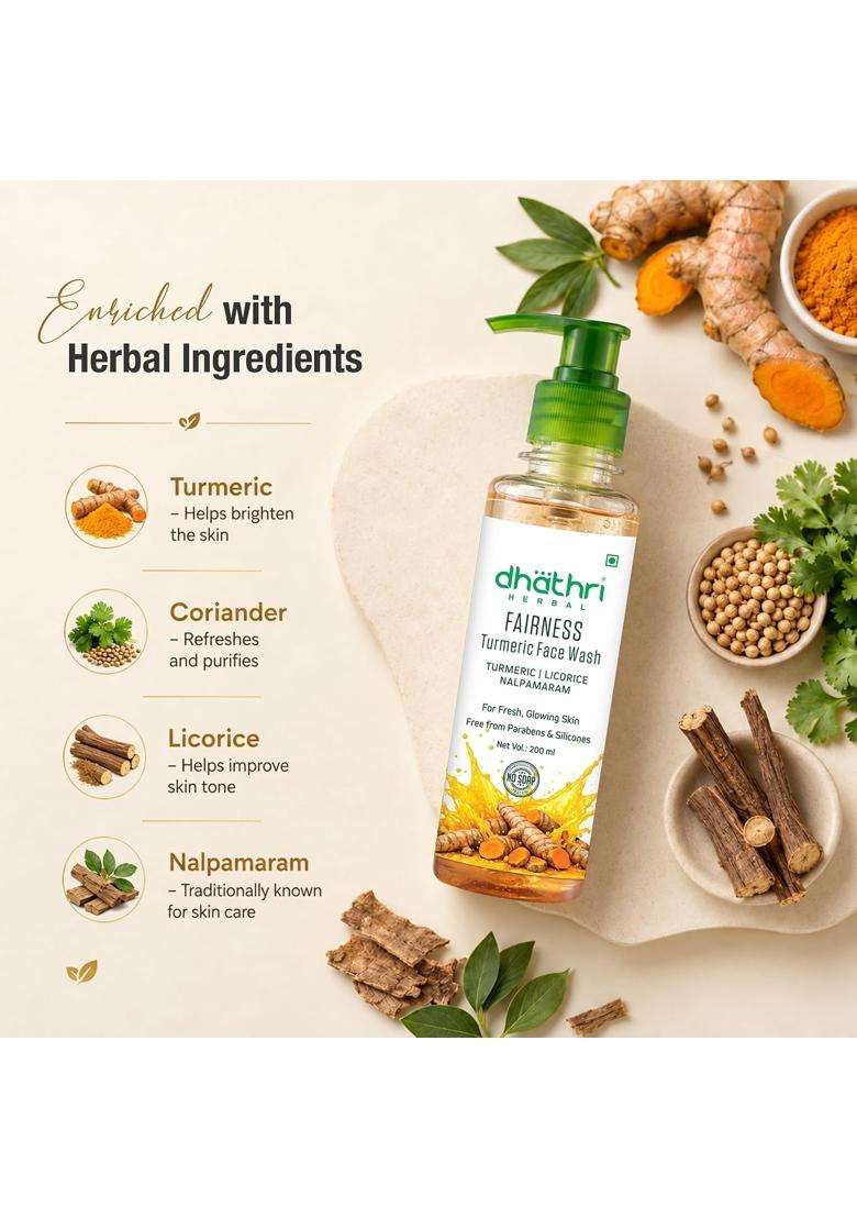 Dhathri Herbal Fairness Turmeric Face Wash with Coriander & Nalpamaram for Fresh & Glowing Skin 200 ml | Natural Herbal Care - Indya
