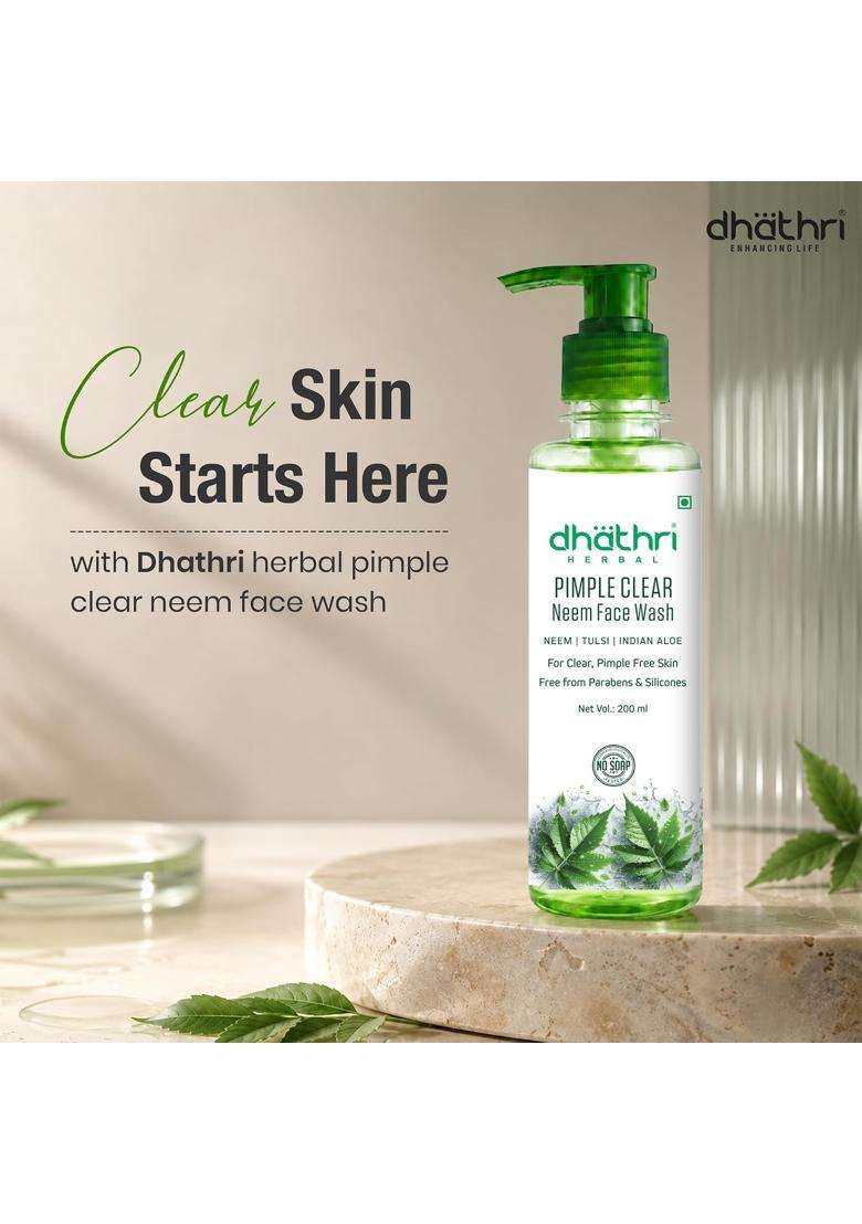Dhathri Pimple Clear Neem Facewash 200 ml | Best Face Wash for Pimples | Reduces Acne and Cleanses Pores | Soap and Mineral Free Neem Tulsi Facewash - Indya