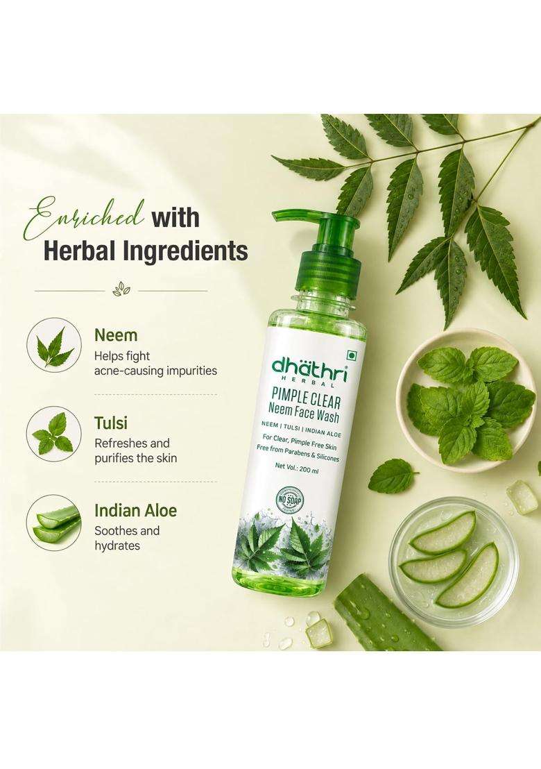 Dhathri Pimple Clear Neem Facewash 200 ml | Best Face Wash for Pimples | Reduces Acne and Cleanses Pores | Soap and Mineral Free Neem Tulsi Facewash - Indya