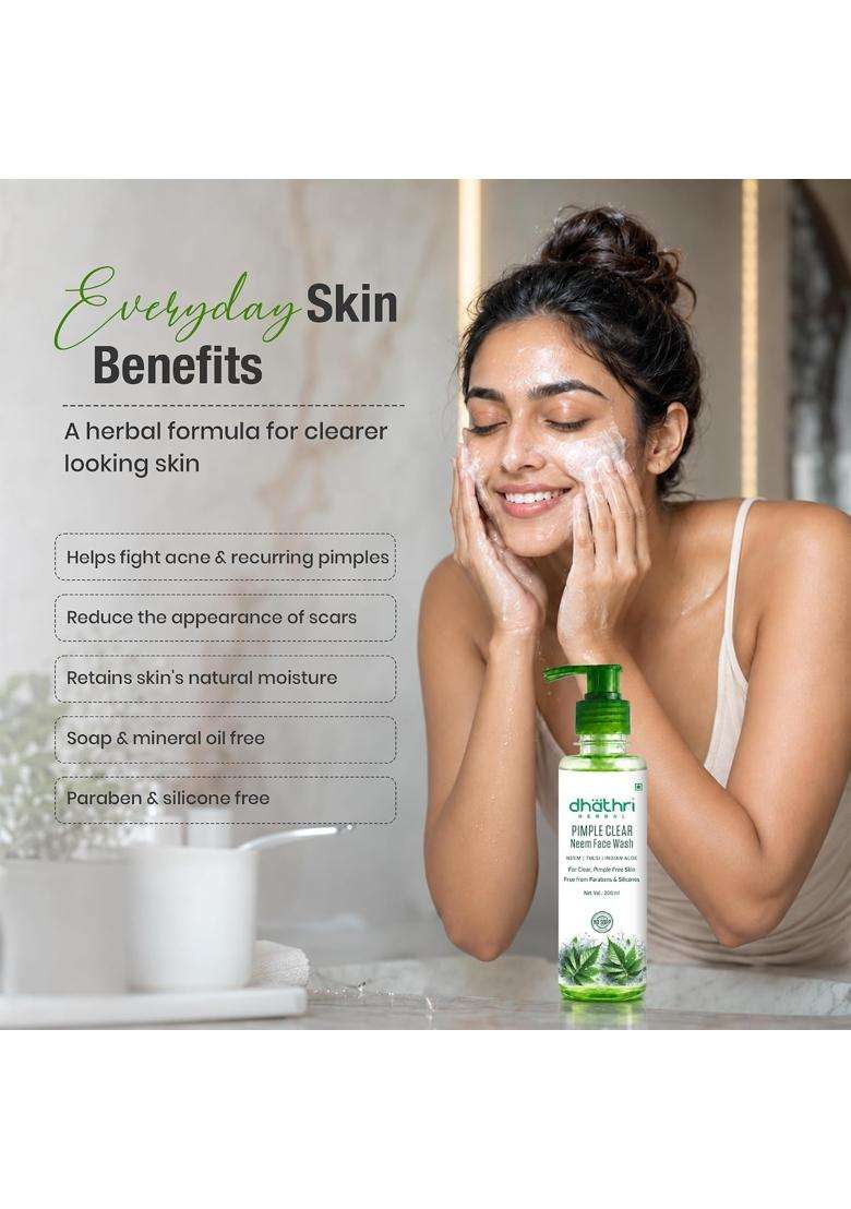 Dhathri Pimple Clear Neem Facewash 200 ml | Best Face Wash for Pimples | Reduces Acne and Cleanses Pores | Soap and Mineral Free Neem Tulsi Facewash - Indya