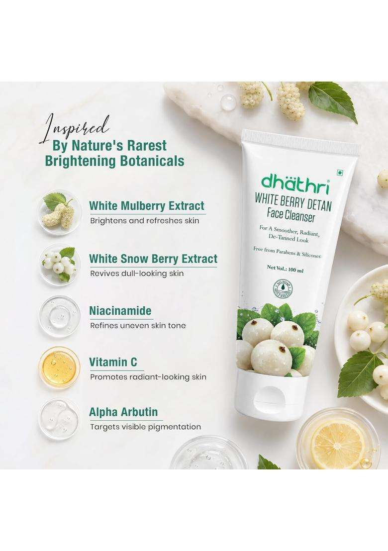 Dhathri White Berry Detan Face Cleanser 100 ml | Gentle Daily Face Wash for a Smoother, Radiant & De-Tanned Look | Soap-Free Formula - Indya