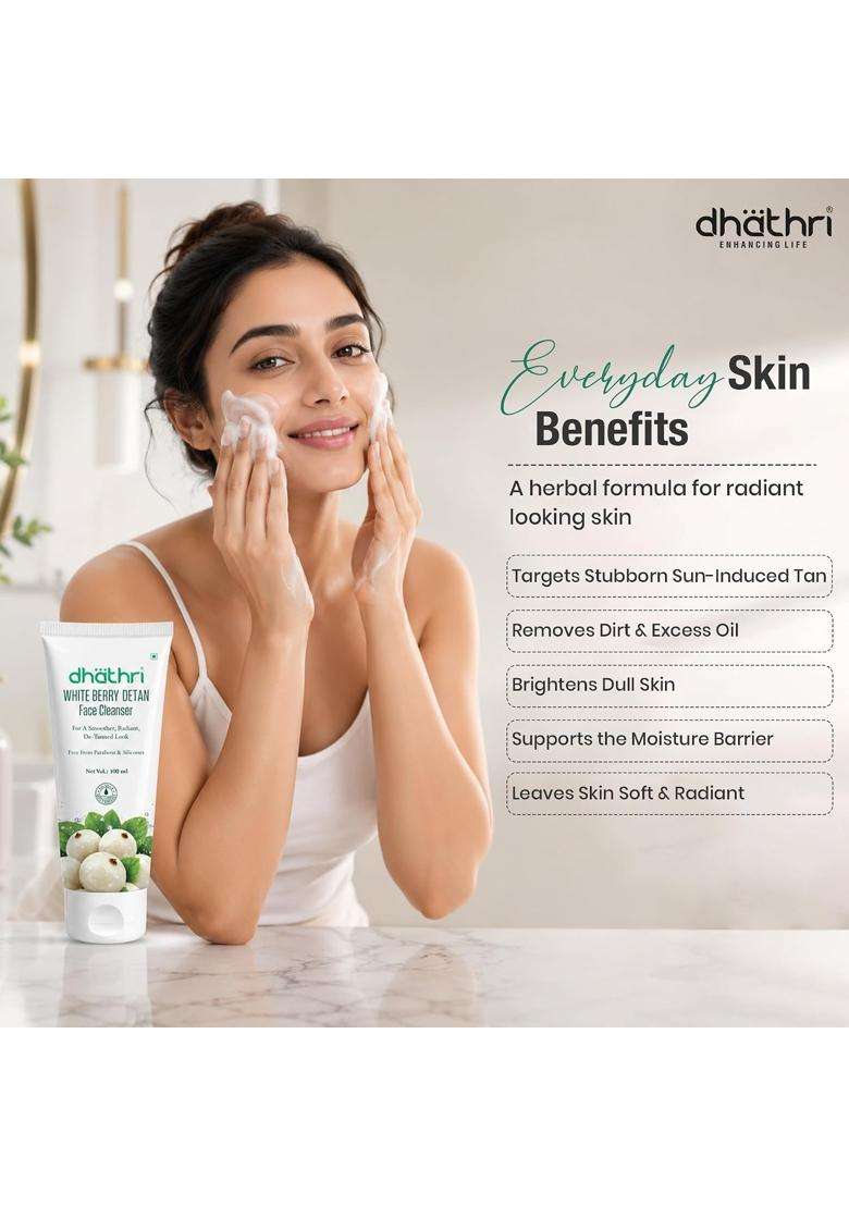Dhathri White Berry Detan Face Cleanser 100 ml | Gentle Daily Face Wash for a Smoother, Radiant & De-Tanned Look | Soap-Free Formula - Indya