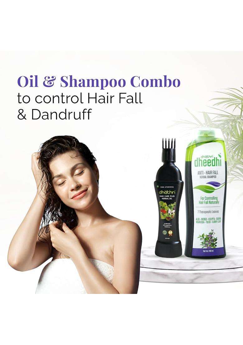 Dhathri Hair Care Plus Herbal Oil 100 ml & Dhathri Anti Hairfall Shampoo 200 ml | Authentic Traditional Formula | Ayurvedic care for Hair Fall Control - Indya