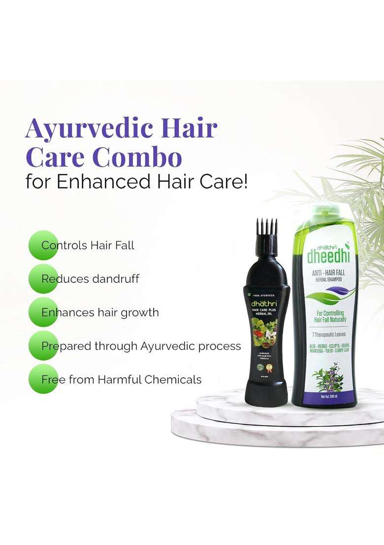 Dhathri Hair Care Plus Herbal Oil 100 ml & Dhathri Anti Hairfall Shampoo 200 ml | Authentic Traditional Formula | Ayurvedic care for Hair Fall Control - Indya