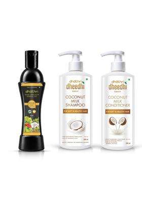 Dhathri Hair Care Plus Herbal Hair Oil (200 ml) + Dheedhi Daily Coconut Milk Shampoo (200 ml) + Dheedhi Daily Coconut Hair Conditioner (200 ml) (Pack