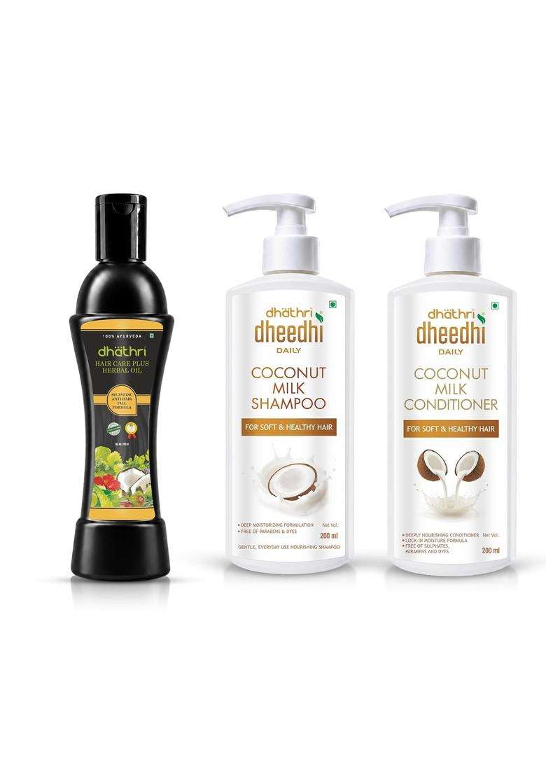 Dhathri Hair Care Plus Herbal Hair Oil (200 ml) + Dheedhi Daily Coconut Milk Shampoo (200 ml) + Dheedhi Daily Coconut Hair Conditioner (200 ml) (Pack - Indya