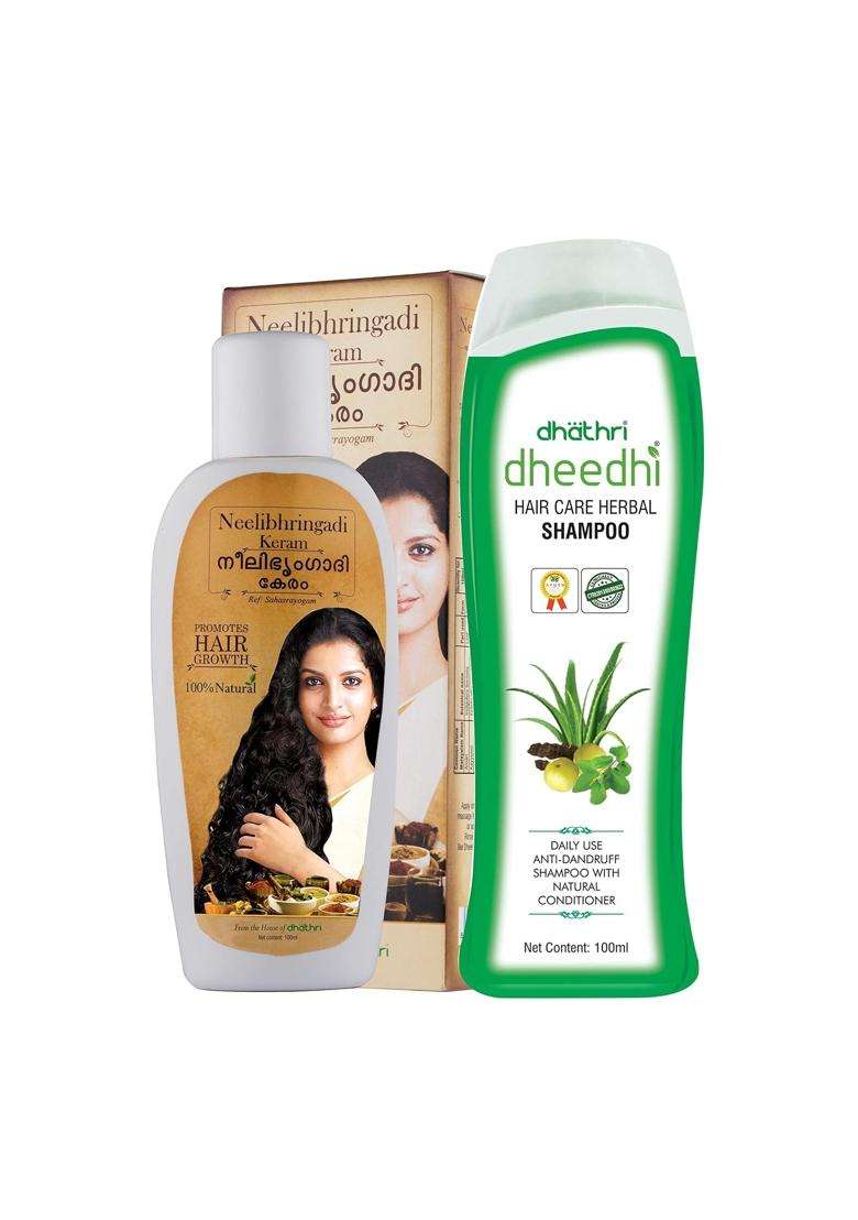 Dhathri Neelibhringadi Keram Oil 100 ml | Natural Herbal Care | Promotes hair growth and Dheedhi Herbal Shampoo 100 ml - Indya