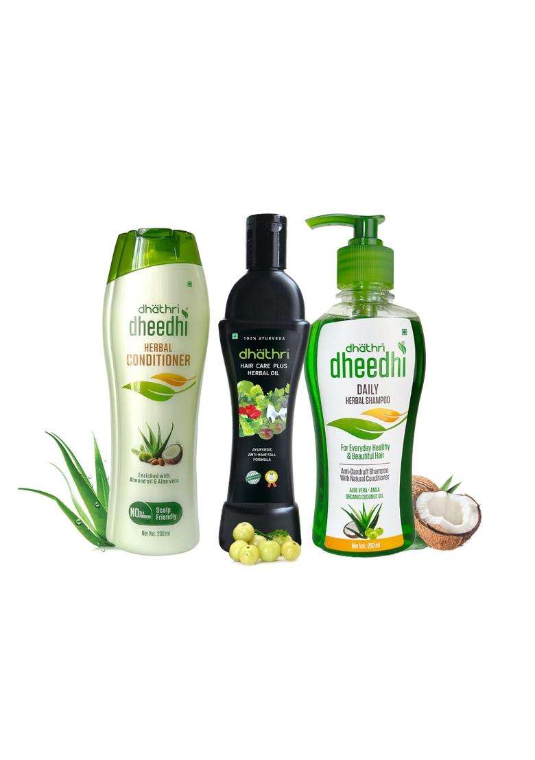 Dhathri Ultimate Seller Combo 650 ml | Authentic Traditional Formula | Hair Care Plus Oil, Dheedhi Daily Shampoo & Ayurvedic Conditioner - Indya
