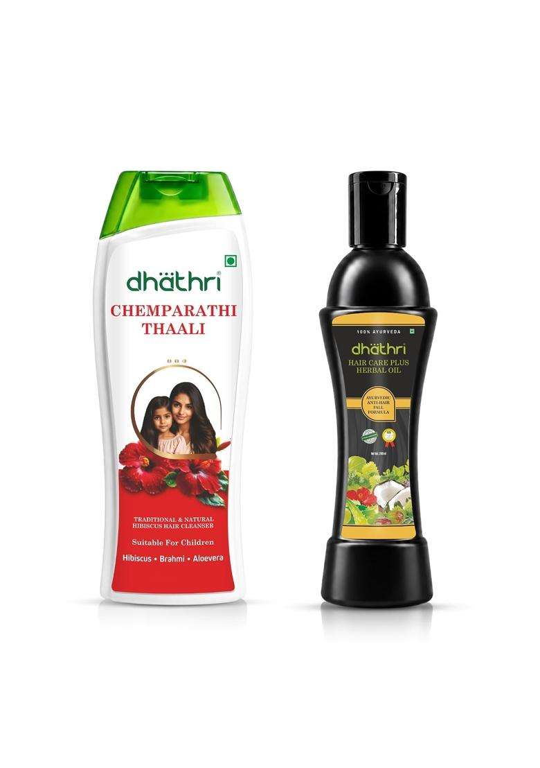 Dhathri Chemparathi Thaali Hibiscus Shampoo (200 ml) + Hair Care Plus Herbal Oil (200 ml) (Pack of 2) | Authentic Traditional Formula | Men & Women - Indya