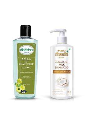 Dhathri Amla & Heart Seed Hair Oil (300 ml) + Dheedhi Daily Coconut Milk Shampoo (200 ml) (Pack of 2) | Authentic Traditional Formula | Men & Women