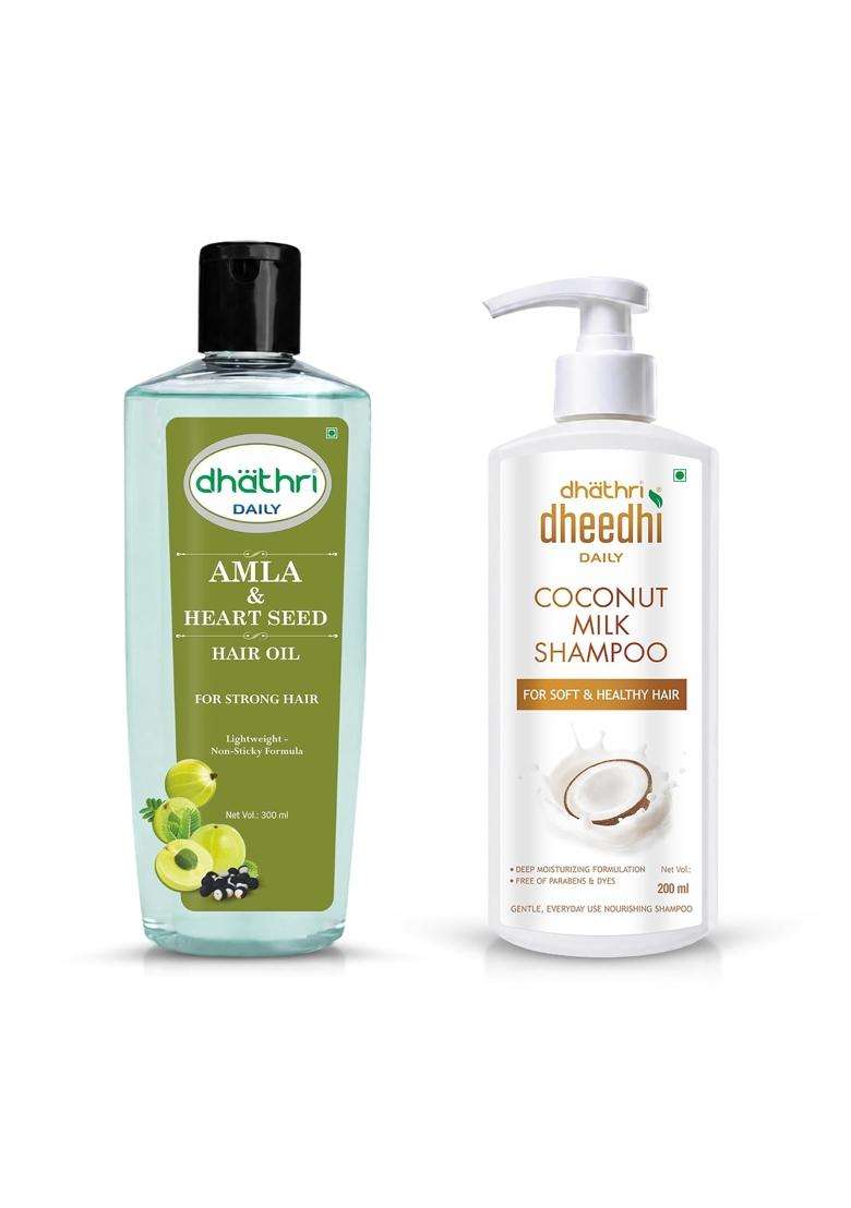 Dhathri Amla & Heart Seed Hair Oil (300 ml) + Dheedhi Daily Coconut Milk Shampoo (200 ml) (Pack of 2) | Authentic Traditional Formula | Men & Women - Indya