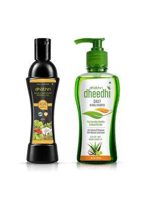 Dhathri Hair Care Plus Herbal Hair Oil (200 ml) with Amla + Dheedhi Daily Herbal Shampoo (250 ml) with Aloevera (Pack of 2) | Men & Women