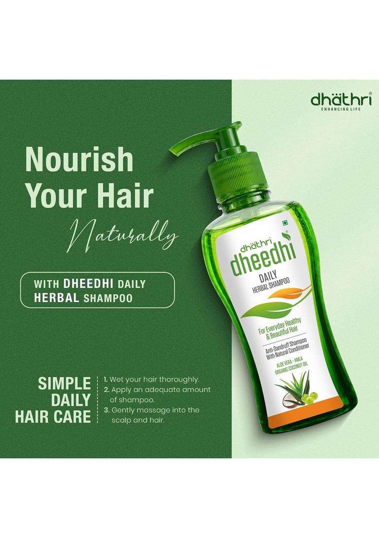 Dhathri Hair Care Plus Herbal Hair Oil (200 ml) with Amla + Dheedhi Daily Herbal Shampoo (250 ml) with Aloevera (Pack of 2) | Men & Women - Indya