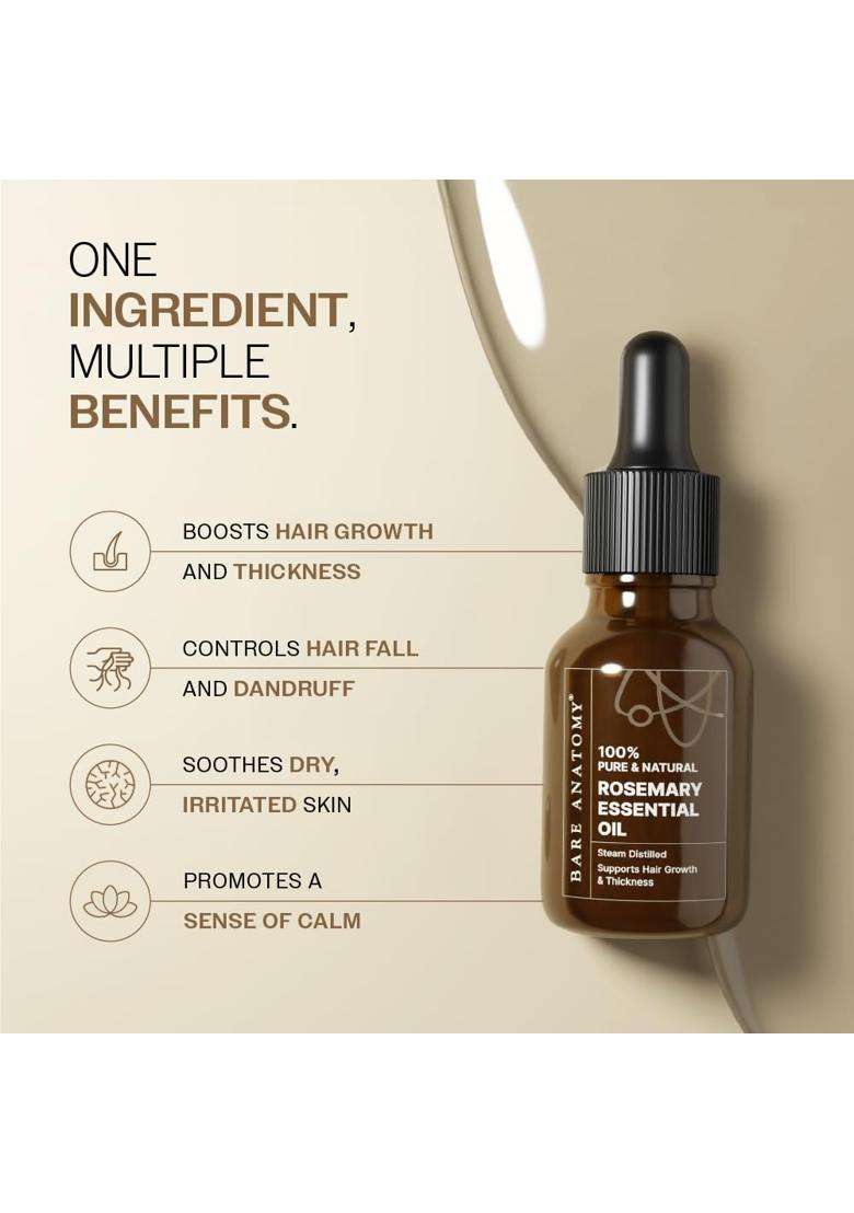 Bare Anatomy 100% Pure & Natural Rosemary Essential Oil for Hair Growth & Thickness 15 ml | Helps with Dandruff, Hair fall, Dry & Dull Skin - Indya