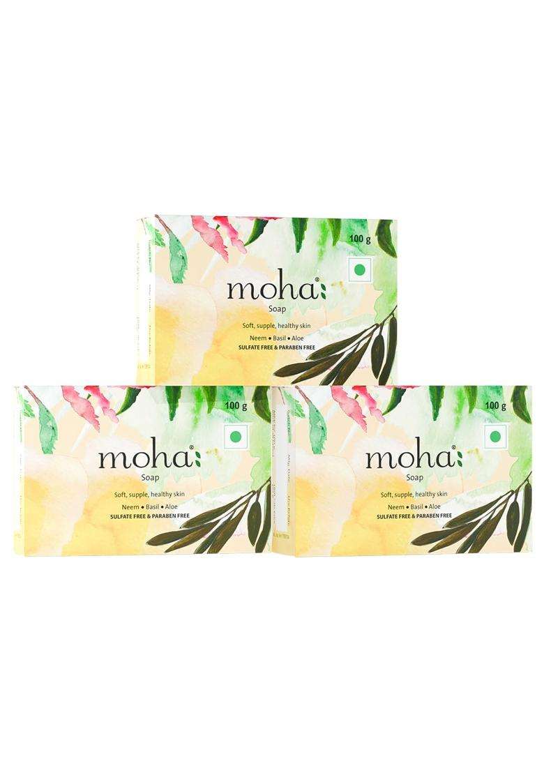 Moha Herbal Bathing Soap with Neem, Tulsi & Aloe Vera for Soft, Supple & Healthy Skin 100 g (Pack of 3) | Natural Herbal Care - Indya