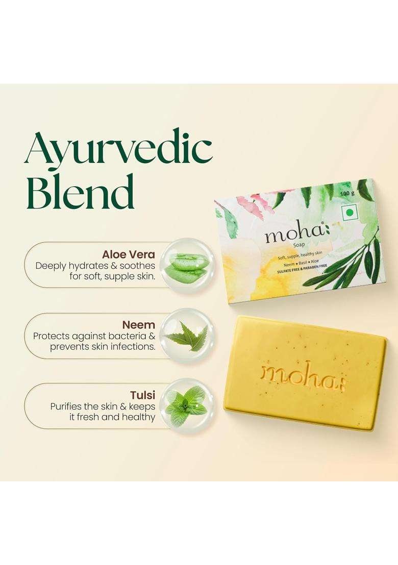 Moha Herbal Bathing Soap with Neem, Tulsi & Aloe Vera for Soft, Supple & Healthy Skin 100 g (Pack of 3) | Natural Herbal Care - Indya